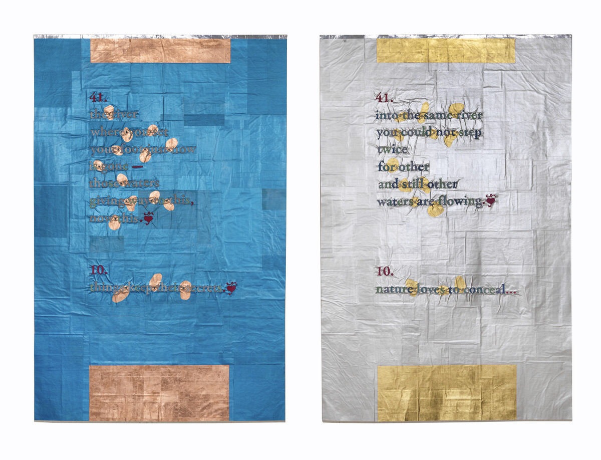 Dianna Frid; The River, Twice (after translations of two Heraclitus fragments: left, Brooks Haxton, 2001; right, G.T.W. Patrick, 1889); 2023