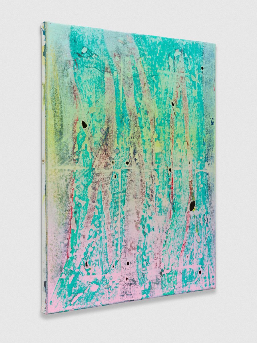 Kadar Brock; cleaning brushes, teal red slashes; 2020
