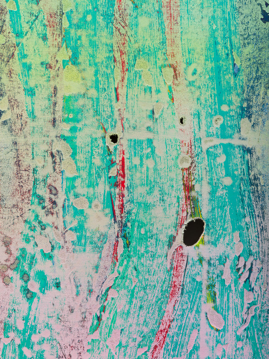 Kadar Brock; cleaning brushes, teal red slashes; 2020