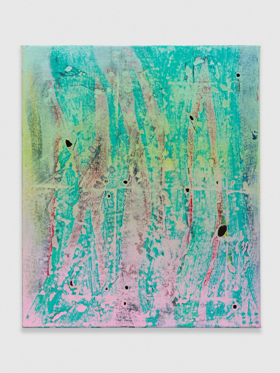 Kadar Brock; cleaning brushes, teal red slashes; 2020