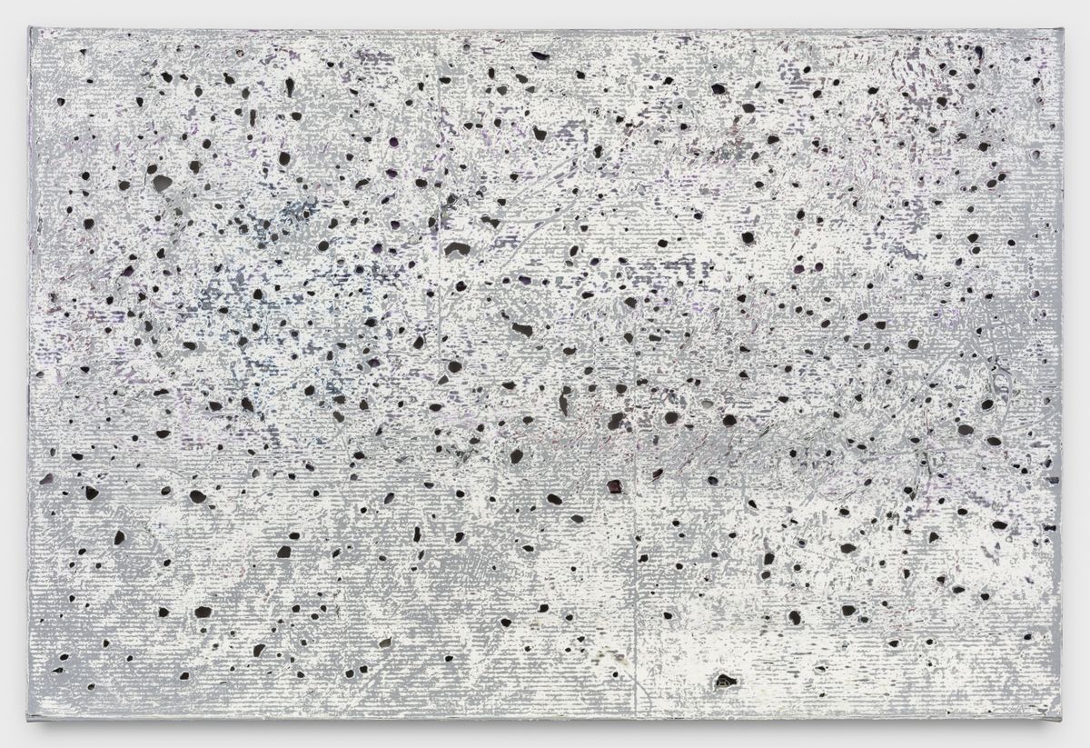 Kadar Brock; two men contemplating the moon, the cremation of dull care, ‘cause man they’re gone, green blue brown; 2020