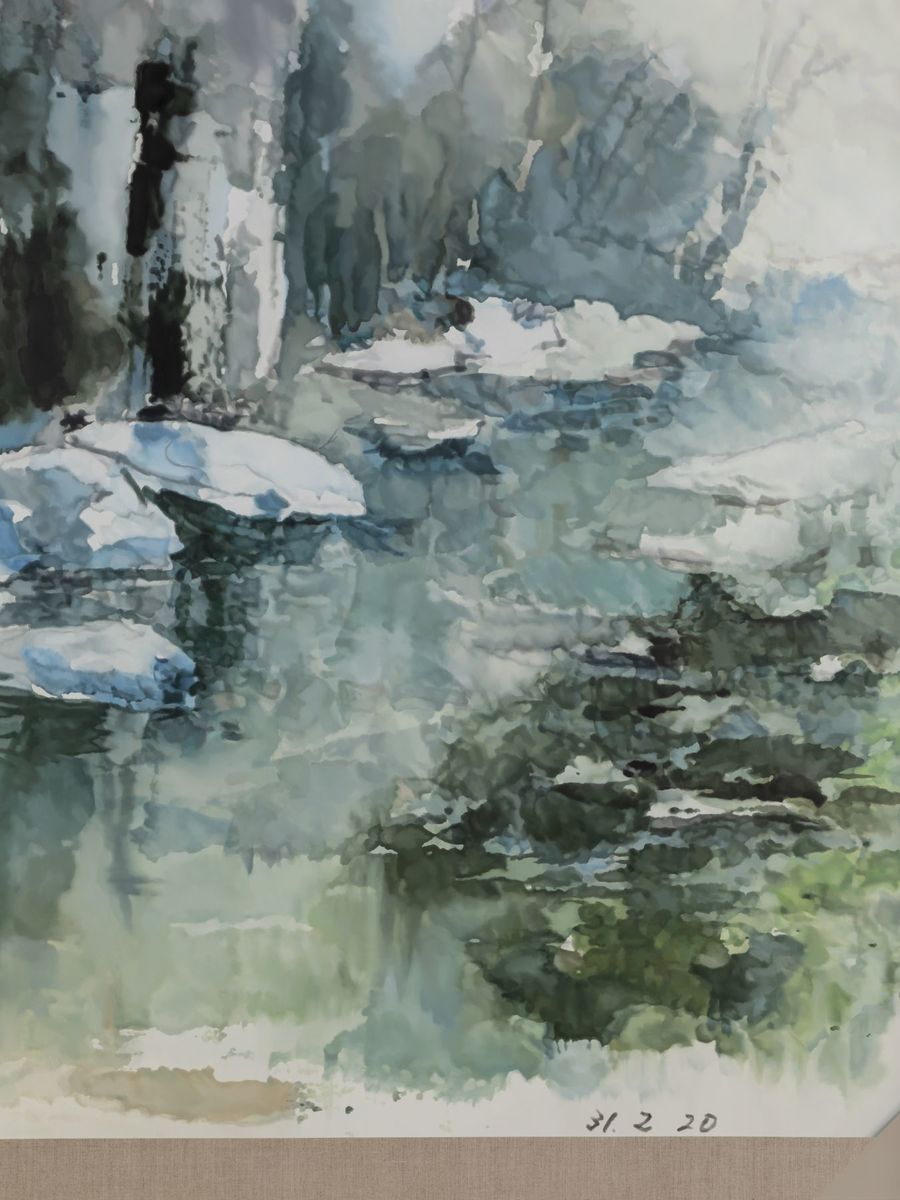 Mika Horibuchi; Watercolor of Cherry Blossom Trees Along a River; 2021