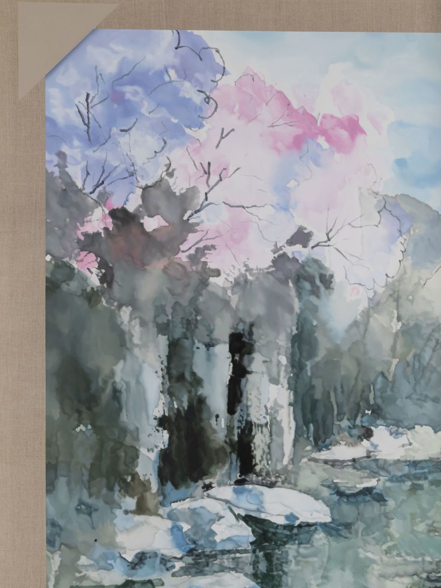 Mika Horibuchi; Watercolor of Cherry Blossom Trees Along a River; 2021